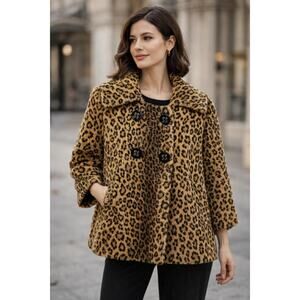 Milly Women's Faux Fur Leopard Print Short Pea Coat MobWife Modern City Retro 8